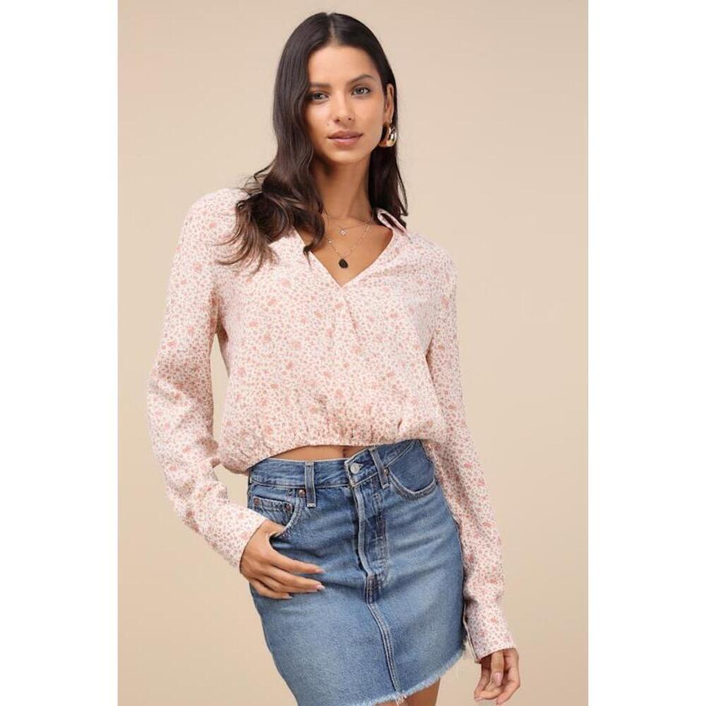 Lulus Convincingly Darling Ivory Floral Collared Long Sleeve Top White - Size XS